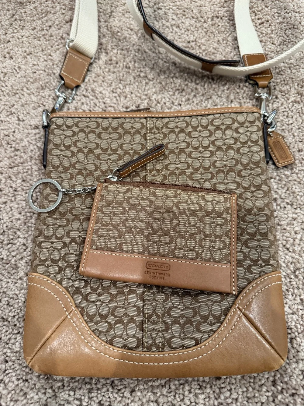 Coach Brown Signature Crossbody with Cream Strap